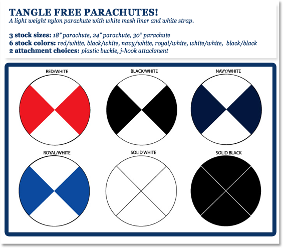 TANGLE FREE PARACHUTES!
Include a light weight nylon parachute with white mesh liner and white strap.
3 stock sizes: 18” parachute, 24” parachute, 30” parachute
6 stock colors: red/white, black/white, navy/white, royal/white, white/white,  black/black
2 attachment choices: plastic buckle, j-hook attachment
